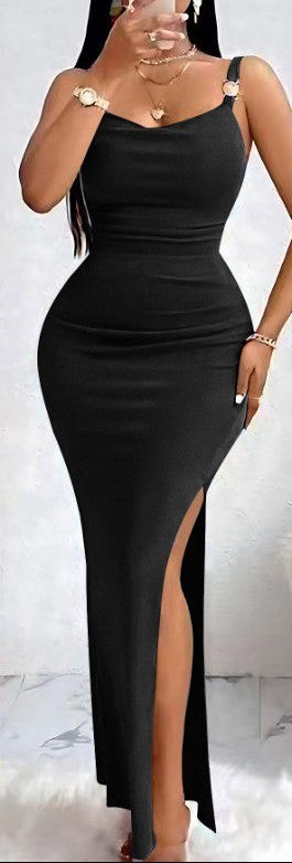 Bodycon Maxi Dress with High Side Slit and Ring Straps