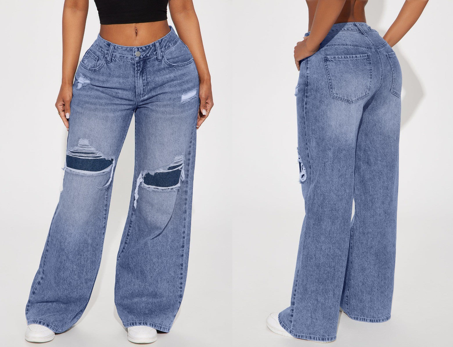 Y2K Style High-Rise Distressed Wide-Leg Denim Jeans