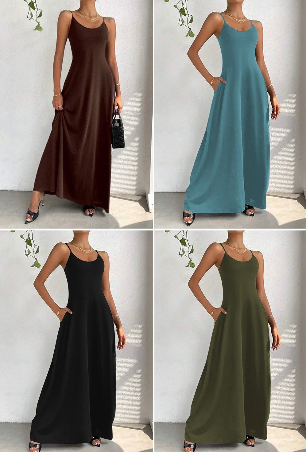 Spaghetti Strap Maxi Slip Dress with Pockets