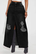 High-Waisted Distressed Black Denim Maxi Skirt with Front Slit