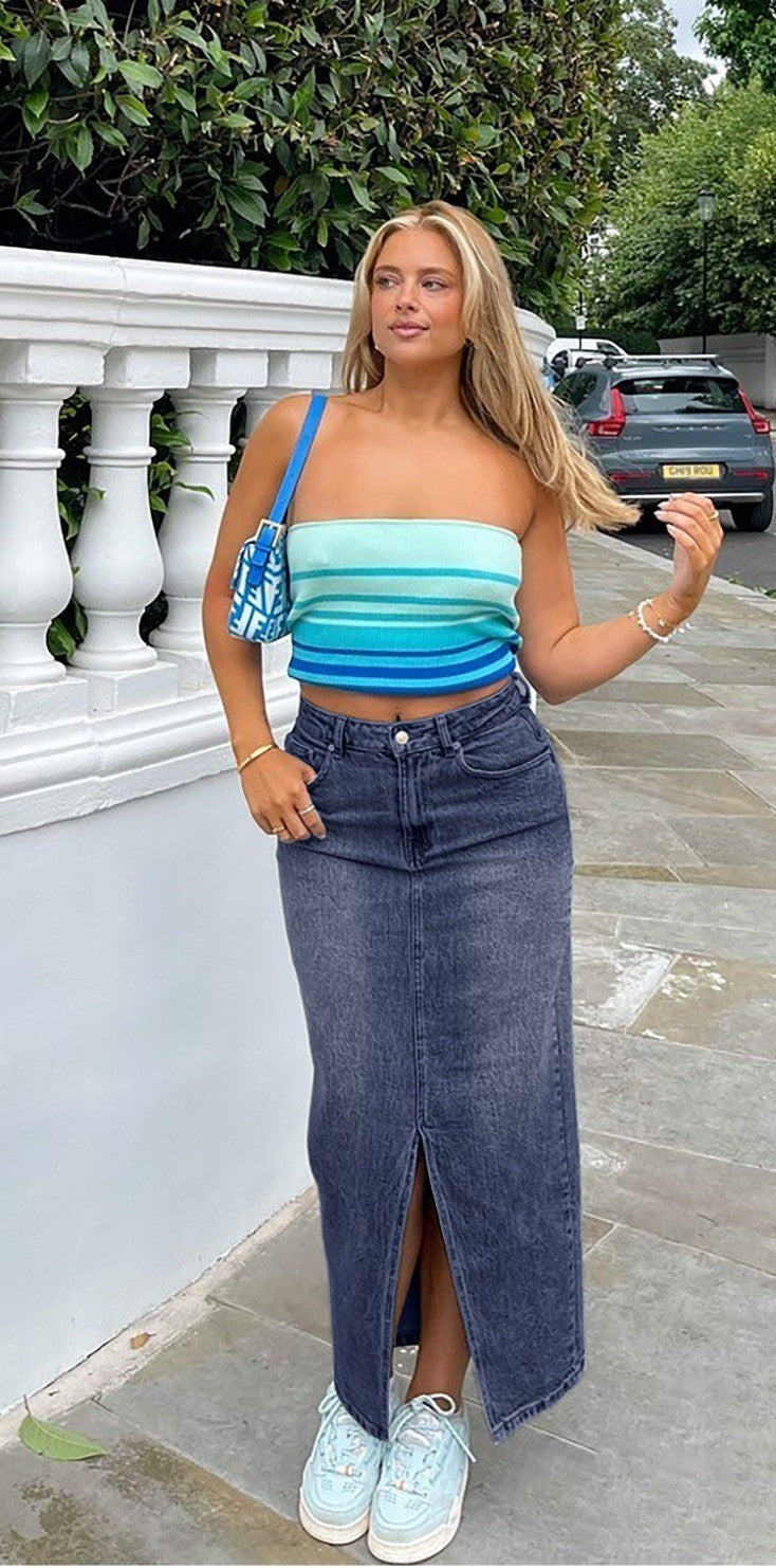 The High-Slit Denim Maxi Skirt  : Vintage Wash Long Jean Skirt